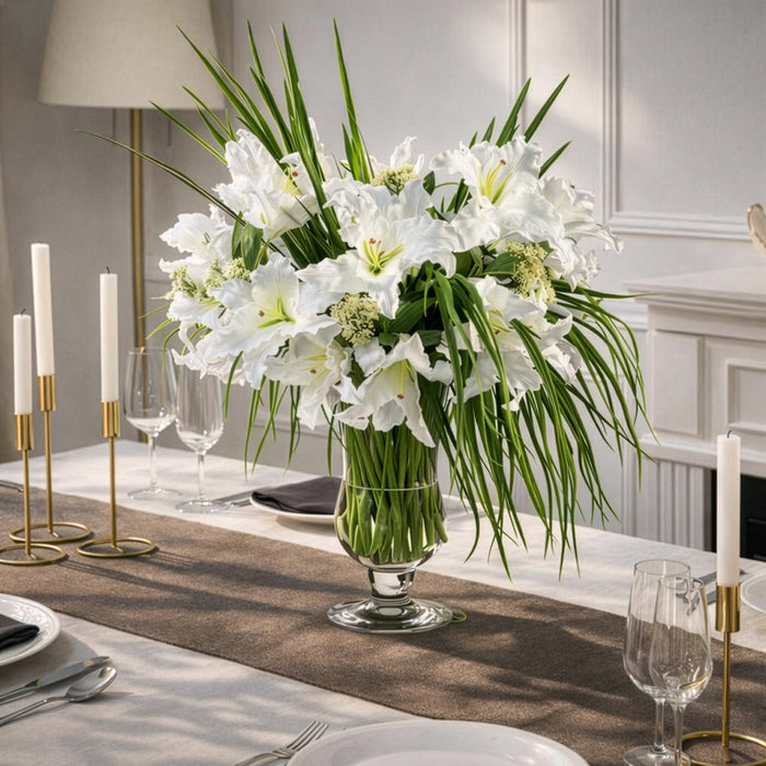 36"Hx33"W Casablanca Lily Silk Flower Arrangement w/Glass Vase -White/Green - WF9293-WH/GR