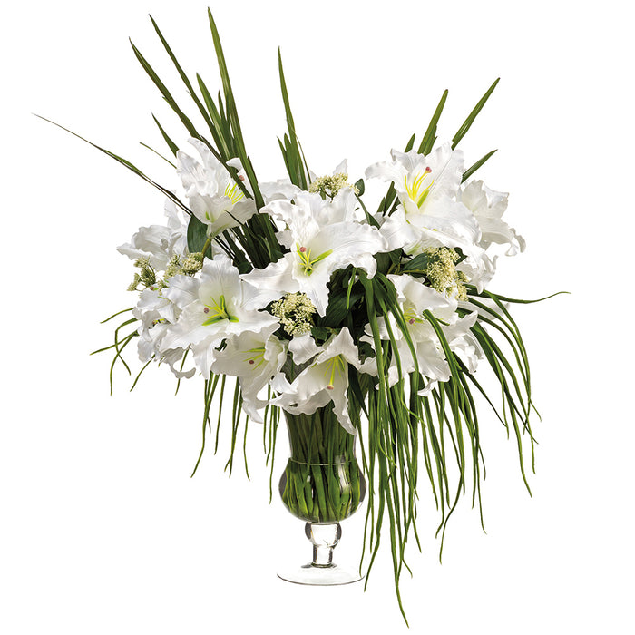 36"Hx33"W Casablanca Lily Silk Flower Arrangement w/Glass Vase -White/Green - WF9293-WH/GR