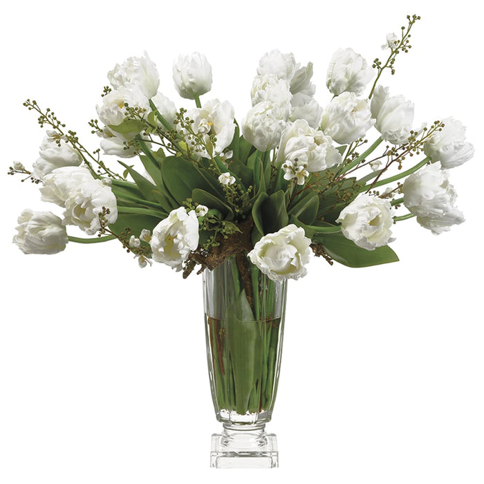 28" Silk Parrot Tulip Flower Arrangement w/Glass Vase -White/Green - WF9309-GR/WH