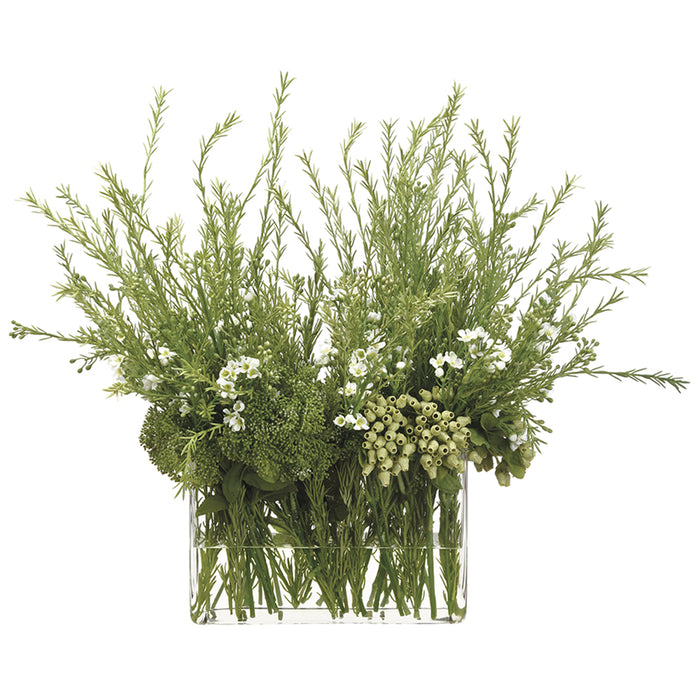 22"Hx29"W Artificial Wax Flower & Rosemary Arrangement w/Rectangular Glass Vase -White/Green - WF9310-GR/WH