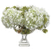 17" Silk Hydrangea Flower & Sedum Arrangement w/Footed Glass Vase -White/Green - WF9313-WH/GR