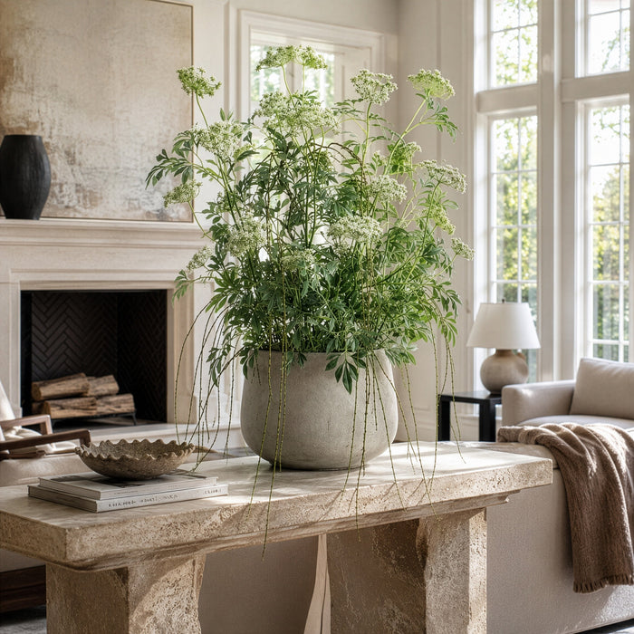 46"Hx40"W Artificial Queen Anne's Lace Flower & Hanging Willow Arrangement w/Cement Pot -Green/White - WF9327-GR/WH