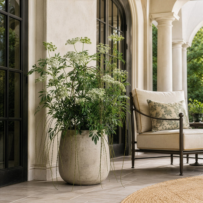 46"Hx40"W Artificial Queen Anne's Lace Flower & Hanging Willow Arrangement w/Cement Pot -Green/White - WF9327-GR/WH