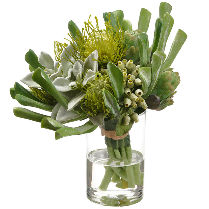 13"Hx12"W Artificial Protea Flower & Succulent Arrangement w/Glass Vase -Green - WF9386-GR