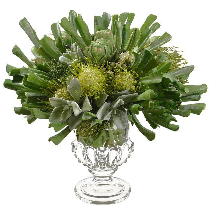 18"Hx19" Artificial Echeveria Succulent Plant & Protea Flower w/Glass Vase -Green - WF9404-GR