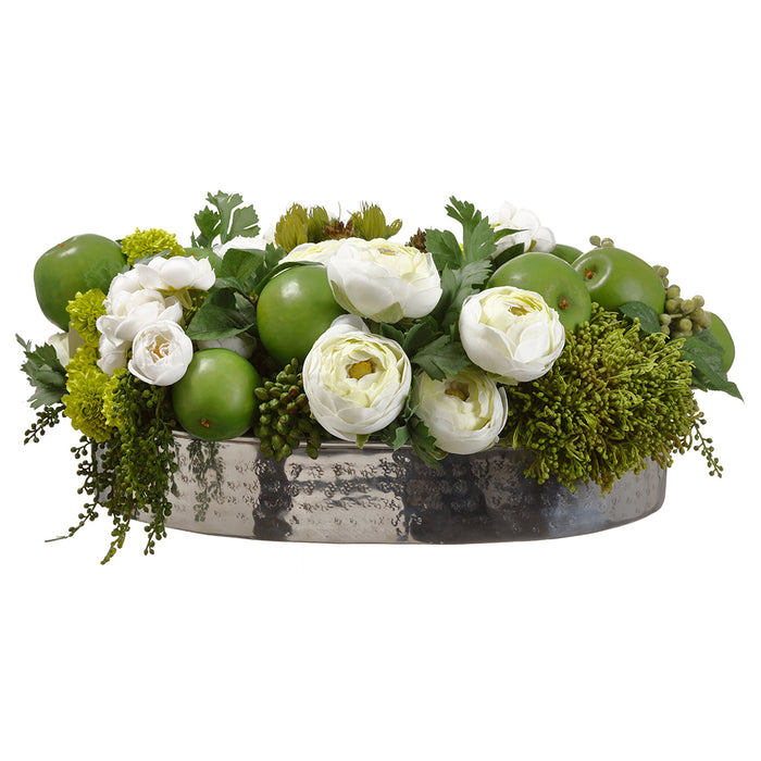 8"Hx20"W Artificial Ranunculus Flower, Apple & Sedum Arrangement w/Plate Planter -Green/Cream - WF9407-GR/CR