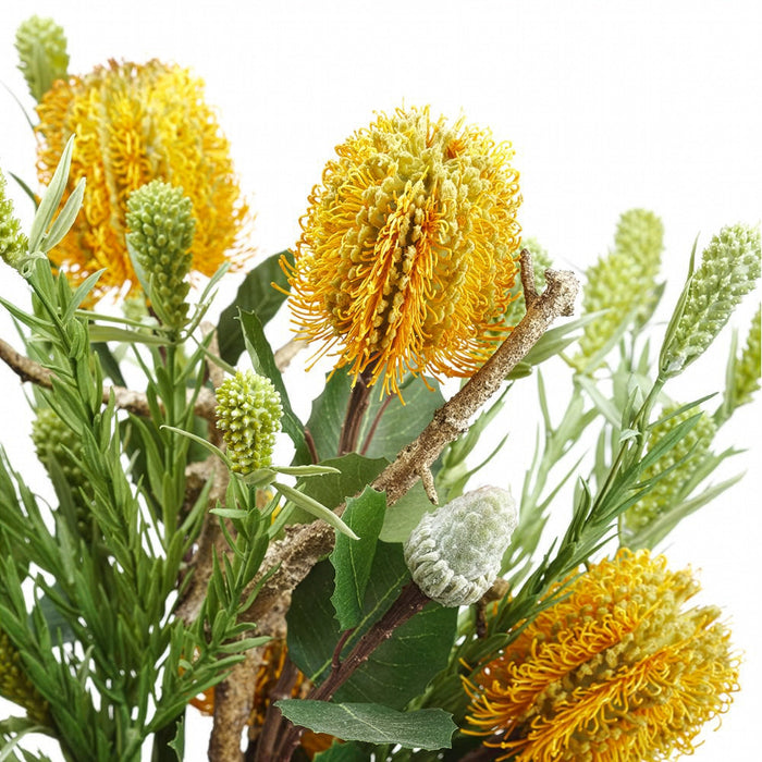 16"Hx13"W Leucadendron, Banksia & Driftwood Silk Flower Arrangement w/Glass Vase -Yellow/Green - WF9517-YE/GR