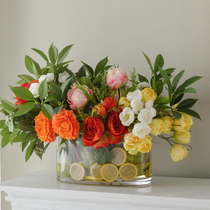 16"Hx25"W Ranunculus, Peony & Lemon Silk Flower Arrangement w/Glass Vase -Cream/Green - WF9518-CR/GR