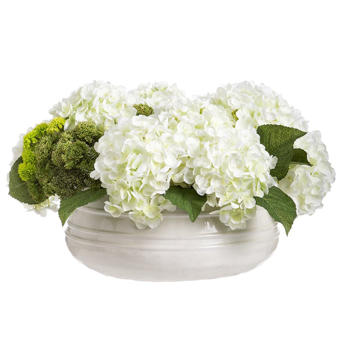 16"Hx31"W Hydrangea & Sedum Silk Flower Arrangement w/Planter -White/Green - WF9519-WH/GR