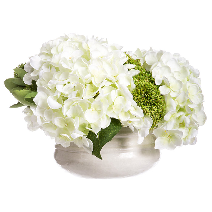10"Hx16"W Hydrangea & Sedum Silk Flower Arrangement w/Planter -Cream/Green - WF9520-CR/GR