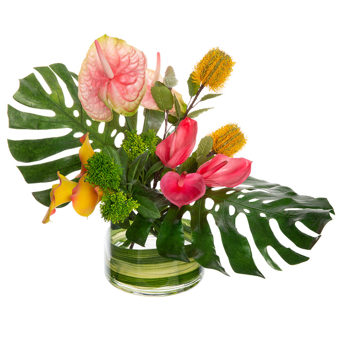 anthurium arrangements 19"Hx28"W Calla Lily, Anthurium & Leaf Silk Flower Arrangement w/Glass Vase -Pink/Yellow
