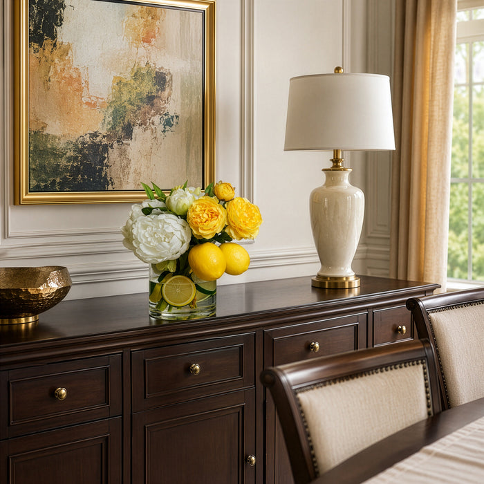 10"Hx19"W Silk Peony, Ranunculus Flower Arrangement w/Lemon & Lime In Glass Vase -Yellow/White - WF9536-YE/WH