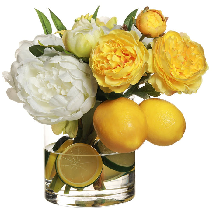 12"Hx17"W Silk Peony, Ranunculus Flower Arrangement w/Lemon & Lime In Glass Vase -Yellow/White - WF9536-YE/WH