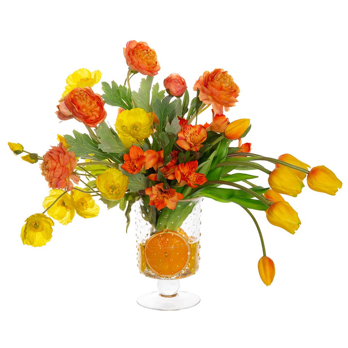 18"Hx20"W Silk Tulip & Poppy Flower Arrangement w/Orange & Lemon In Glass Vase -Yellow/Orange - WF9537-YE/OR
