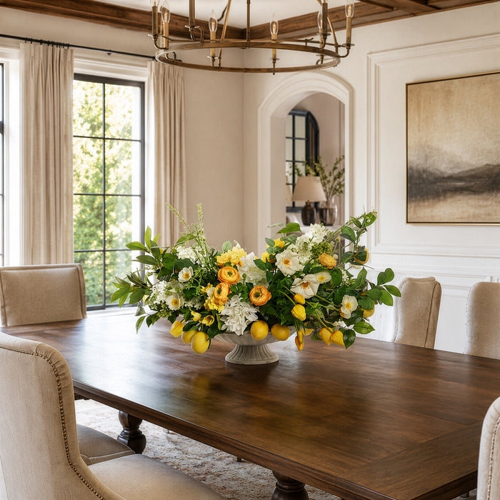 23"Hx39"W Silk Peony, Rose, Tulip, Ranunculus Flower & Lemons Arrangement w/Cement Plate -Yellow/White - WF9538-YE/WH