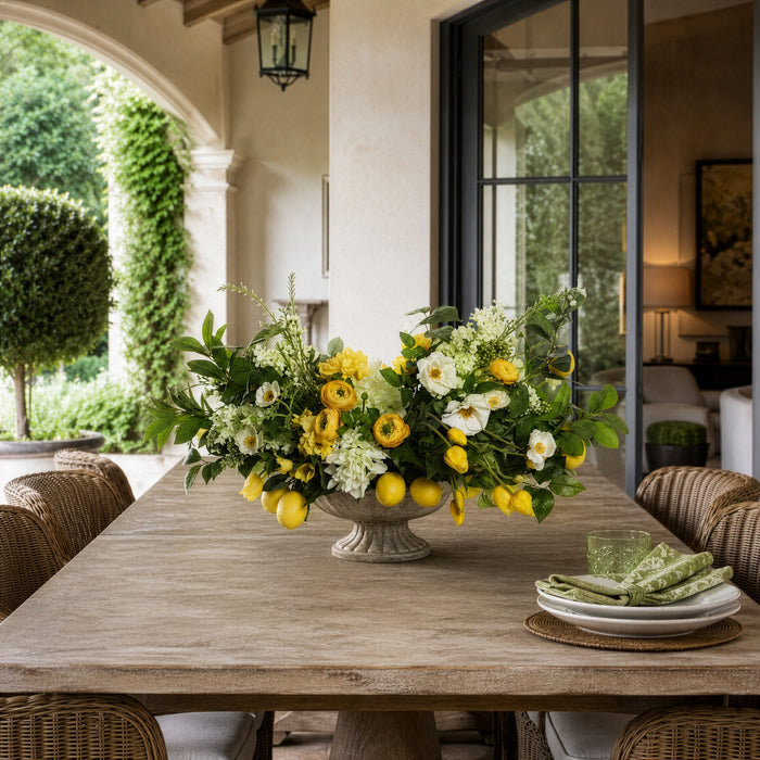 23"Hx39"W Silk Peony, Rose, Tulip, Ranunculus Flower & Lemons Arrangement w/Cement Plate -Yellow/White - WF9538-YE/WH