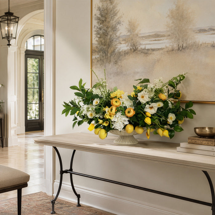 23"Hx39"W Silk Peony, Rose, Tulip, Ranunculus Flower & Lemons Arrangement w/Cement Plate -Yellow/White - WF9538-YE/WH