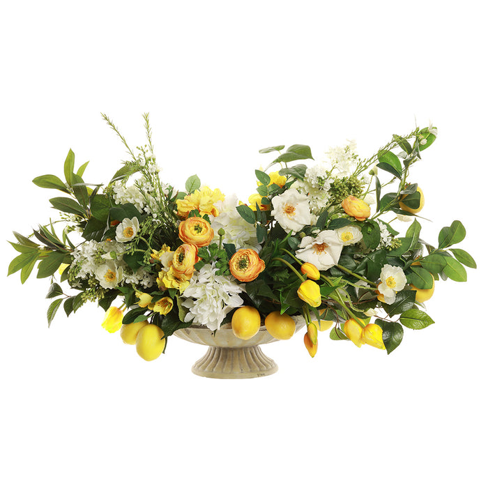 23"Hx39"W Silk Peony, Rose, Rulip, Ranunculus Flower & Lemons Arrangement w/Cement Plate -Yellow/White - WF9538-YE/WH