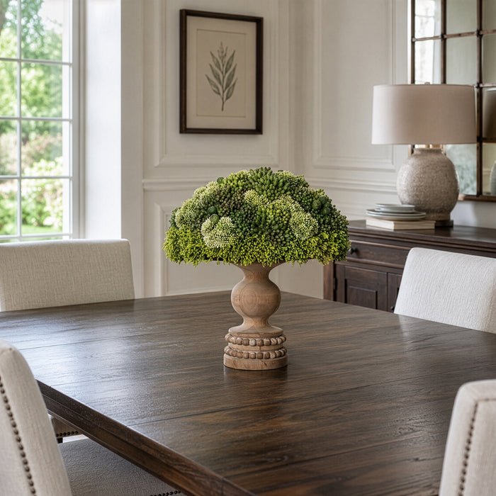 16" Sedum & Protea Artificial Flower Arrangement w/Wood Footed Plate -Green - WF9583-GR