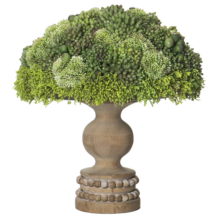 16" Sedum & Protea Artificial Flower Arrangement w/Wood Footed Plate -Green - WF9583-GR