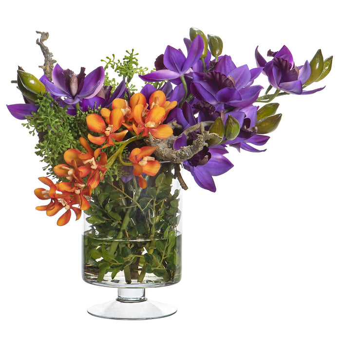 17"Hx23"W Mixed Tropical Silk Flower Arrangement w/Glass Vase -Purple/Orange - WF9587-MX