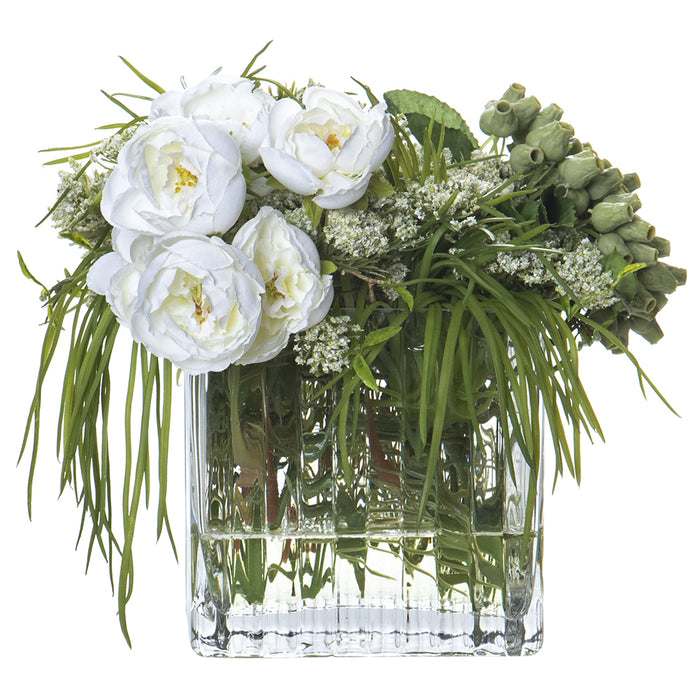 8.5"Hx10.5"W Queens Anne's Lace, Ranunculus, Berry & Grass Silk Flower Arrangement w/Glass Vase -White/Green - WF9591-WH/GR