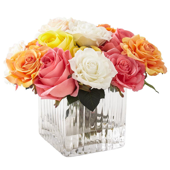 9"Hx10"W Mixed Real Touch Rose Silk Flower Arrangement w/Glass Vase -Mixed Colors - WF9604-MX