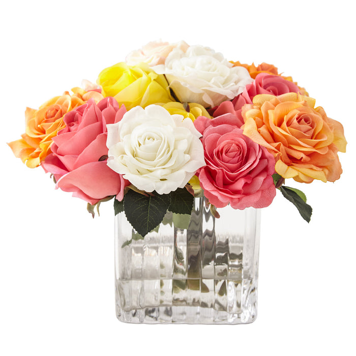 9"Hx10"W Mixed Real Touch Rose Silk Flower Arrangement w/Glass Vase -Mixed Colors - WF9604-MX