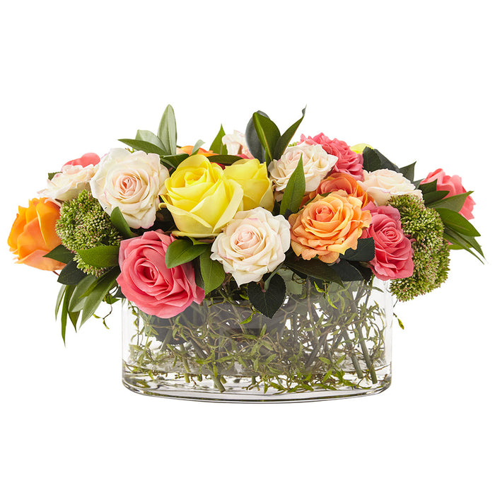 12"Hx22"W Mixed Real Touch Rose, Skimmia & Shikiba Leaf Silk Flower Arrangement w/Glass Vase -Mixed Colors - WF9605-MX