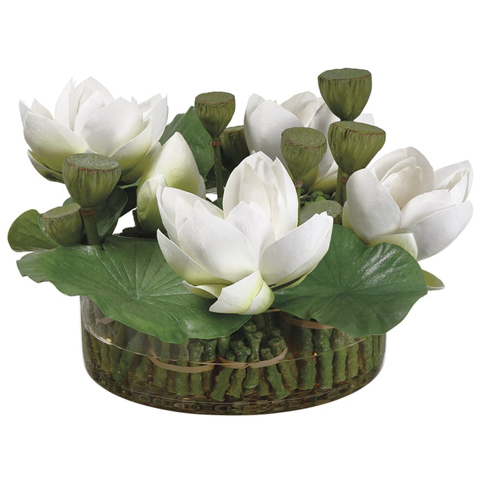 11"Hx19"W Silk Lotus Flower Arrangement w/Round Glass Vase -White/Green - WF9849-GR/WH