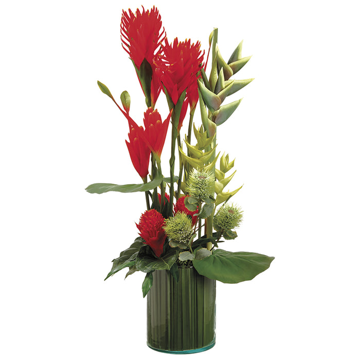 42.5" Mixed Silk Tropical Flower Arrangement w/Glass Vase -Orange/Red - WF9850-OR/RE