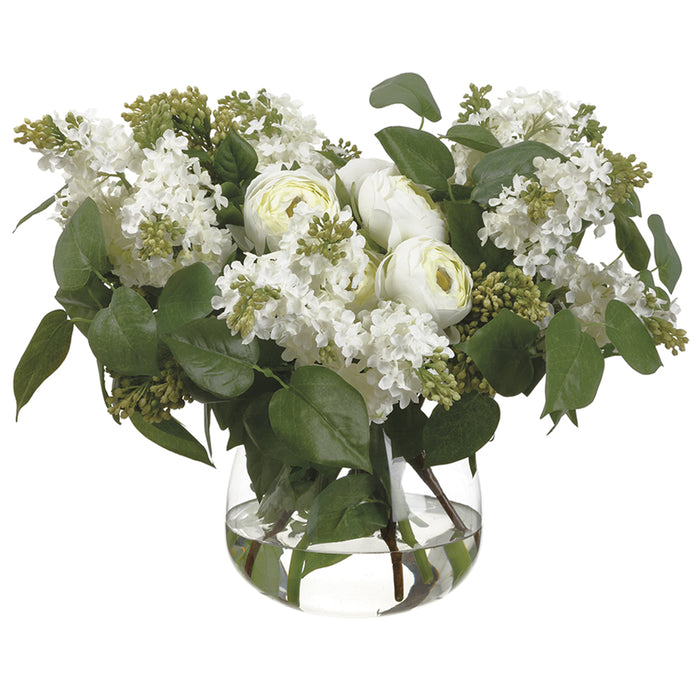 15" Silk Lilac & Ranunculus Flower Arrangement w/Glass Vase -Cream/Green - WF9854-CR/GR