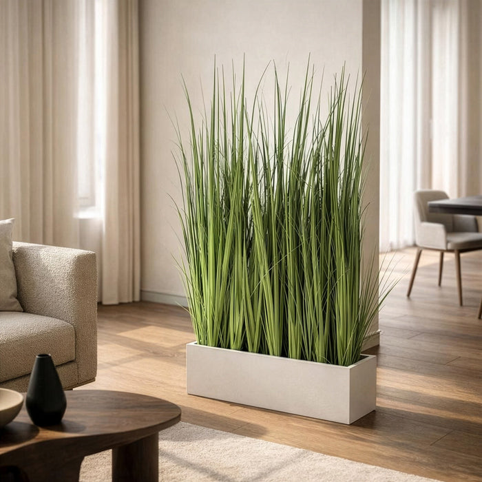 5'1"Hx30"W Wild Grass Wall Divider Artificial Plant w/White Fiberglass Planter -Light Green - WP0734-GR/LT
