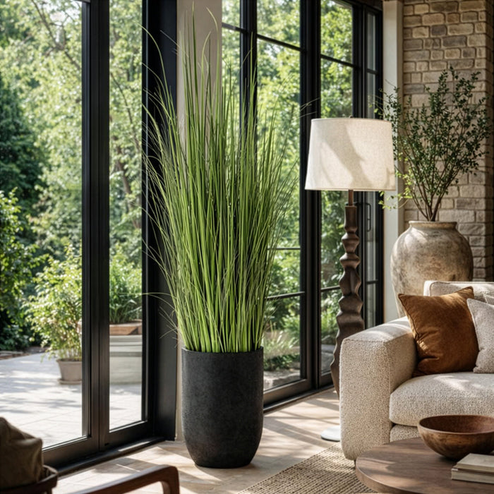 7'1"Hx17"W Wild Grass Artificial Plant w/Black Cement Planter -Light Green - WP0741-GR/LT