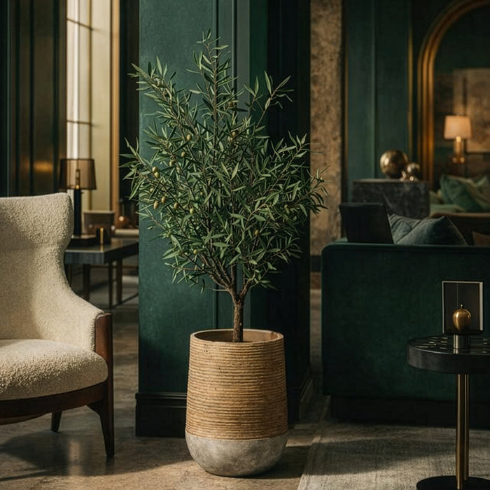 4'4"Hx38"W Olive Leaf Artificial Tree w/Cement Planter -Green - WP0753-GR