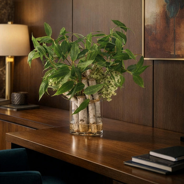 28"Hx36"W Eucalyptus Leaf, Queen Anne Lace & Birch Silk Flower Arrangement w/Glass Vase -Green - WP0756-GR