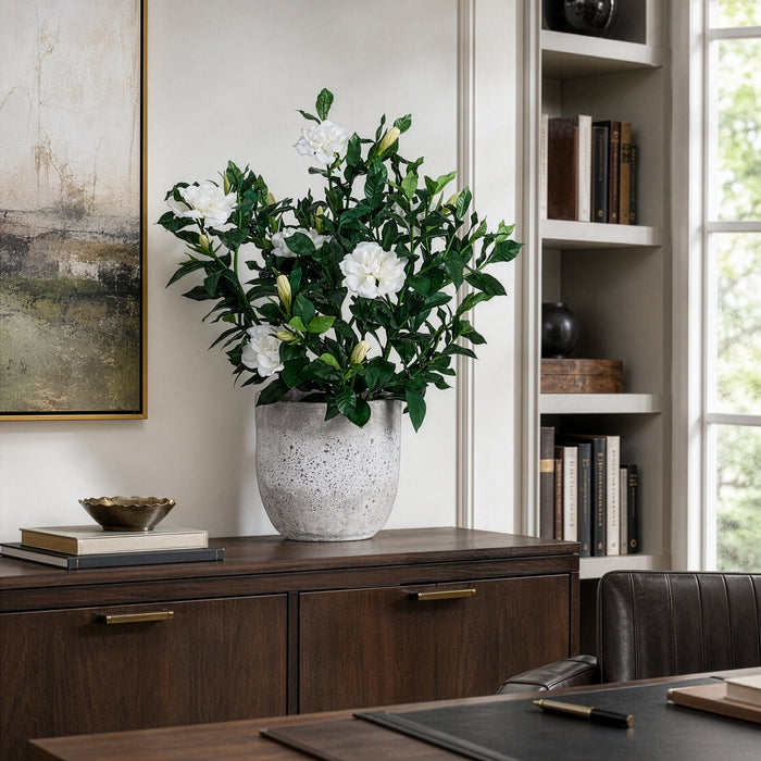 24"Hx24"W Gardenia Silk Flower Arrangement w/Cement Planter -Cream/Green - WP0763-CR/GR