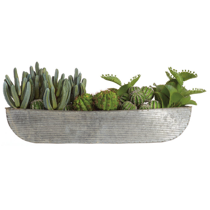 8.5"Hx23"W Mixed Succulent & Cactus Artificial Plant w/Metal Container -Green - WP0772-GR