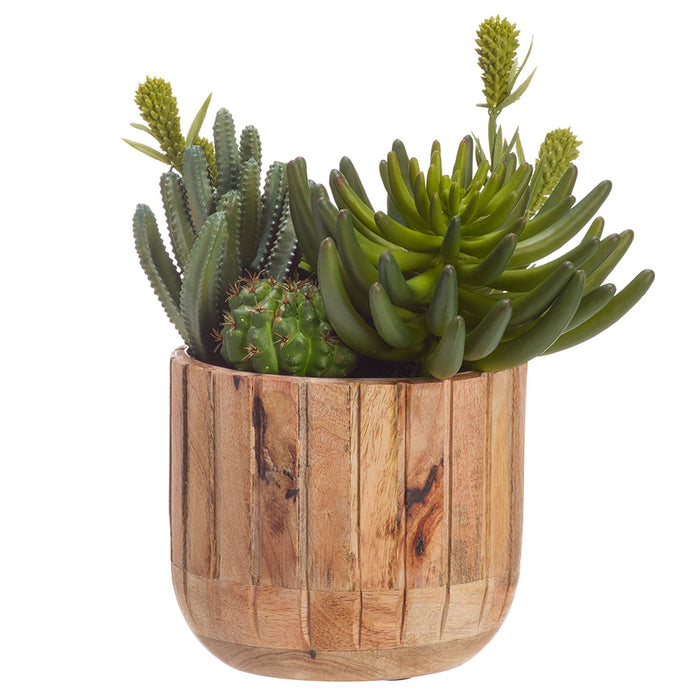12"Hx10"W Mixed Succulent Garden Artificial Plant w/Wood Planter -2 Tone Green - WP0779-GR/TT