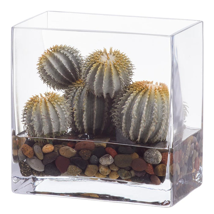 8"Hx7.5"W Barrel Cactus Artificial Plant w/Glass Vase -Green - WP0781-GR