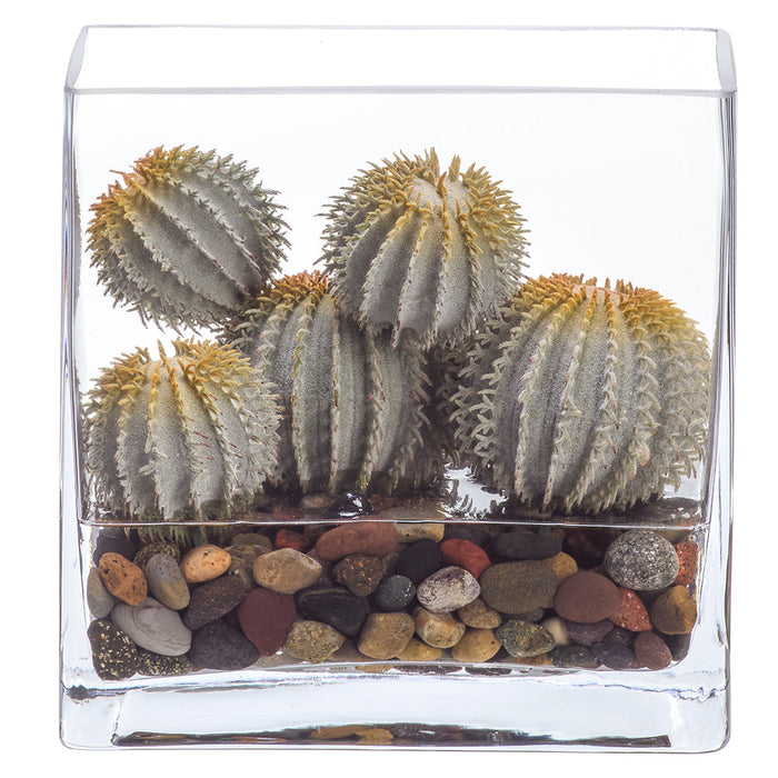 8"Hx7.5"W Barrel Cactus Artificial Plant w/Glass Vase -Green - WP0781-GR