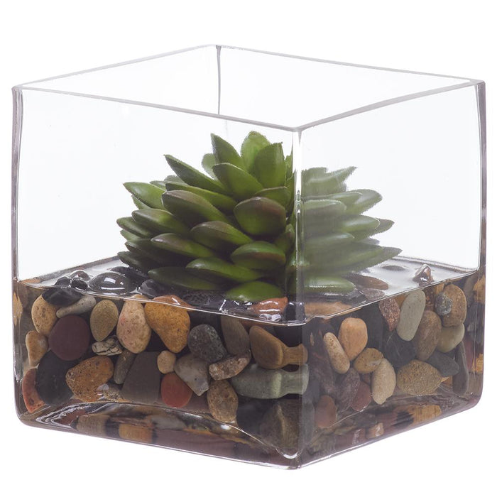 4.75"Hx4.25"W Echeveria Succulent Artificial Plant w/Glass Vase -Green - WP0783-GR
