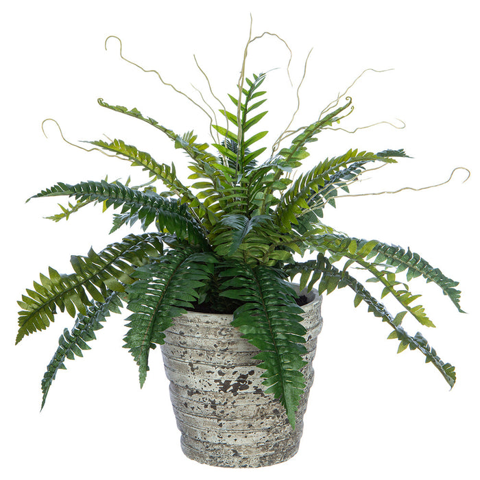 19" Boston Fern Leaf Silk Plant w/Cement Pot -Green - WP1042-GR