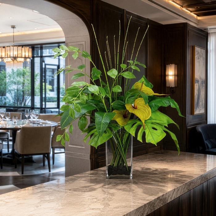 38"Hx33"W Anthurium, Bird of Paradise Leaf & Solomon's Seal Silk Flower Arrangement w/Glass Vase -Green - WP7904-GR