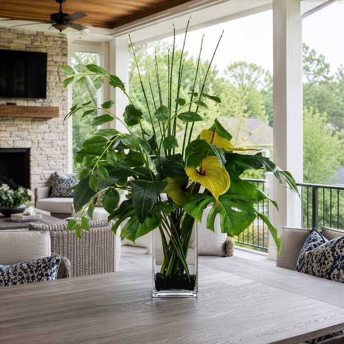 38"Hx33"W Anthurium, Bird of Paradise Leaf & Solomon's Seal Silk Flower Arrangement w/Glass Vase -Green - WP7904-GR