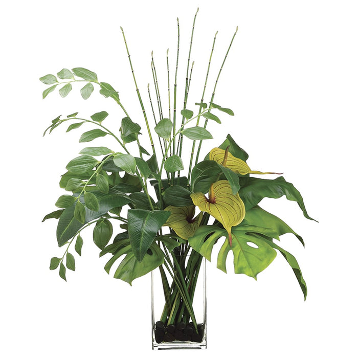 anthurium silk plant 38"Hx33"W Anthurium, Bird of Paradise Leaf & Solomon's Seal Silk Plant w/Glass Vase -Green