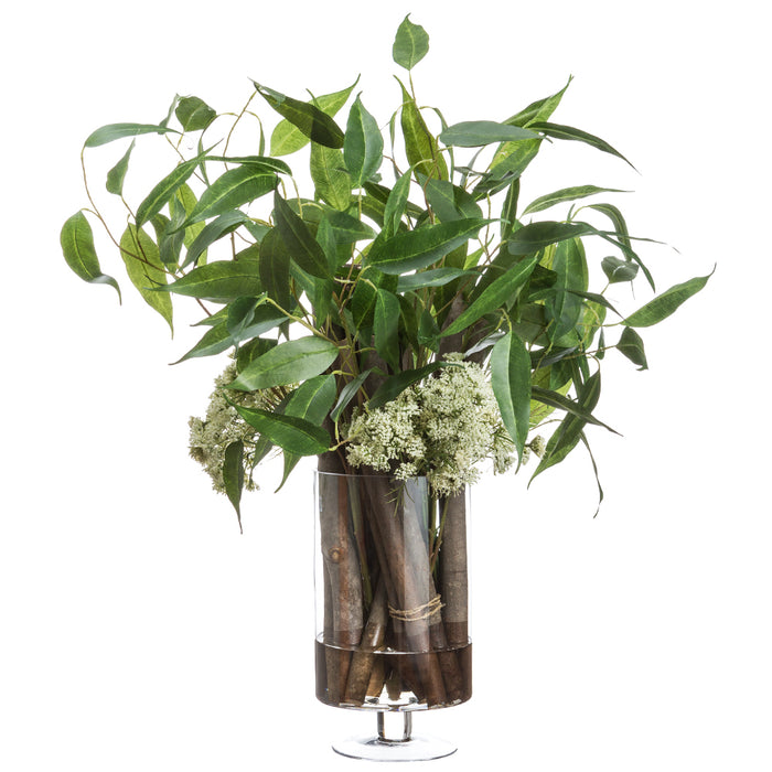 35"Hx36"W Eucalyptus & Driftwood Silk Plant w/Glass Vase -Green - WP8087-GR