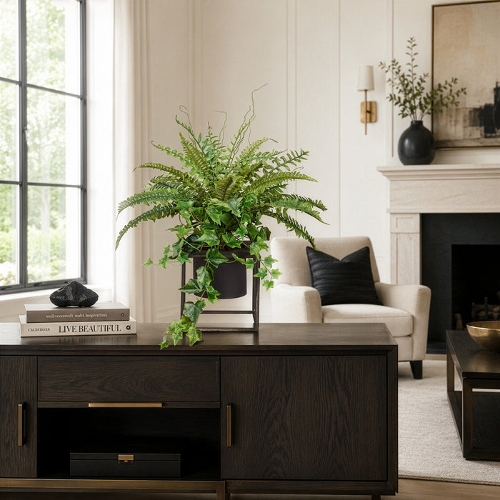 18"Hx23"W Fern Leaf & Ivy Silk Plant w/Planter & Stand -Green - WP9936-GR