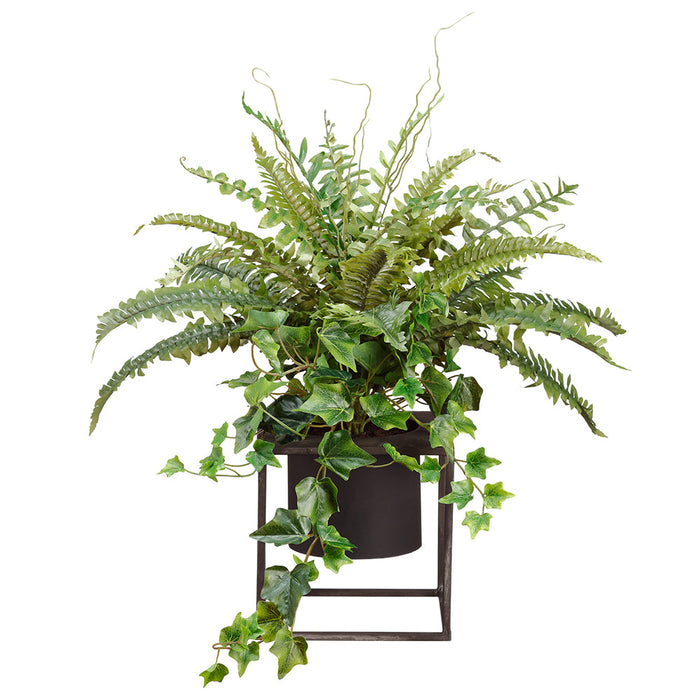 18"Hx23"W Fern Leaf & Ivy Silk Plant w/Planter & Stand -Green - WP9936-GR