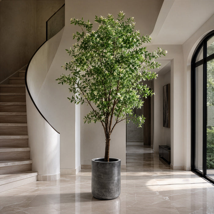 7'10" Budding Azalea Silk Flowering Tree w/Textured Zinc Planter -Green/White - WT0674-GR/WH